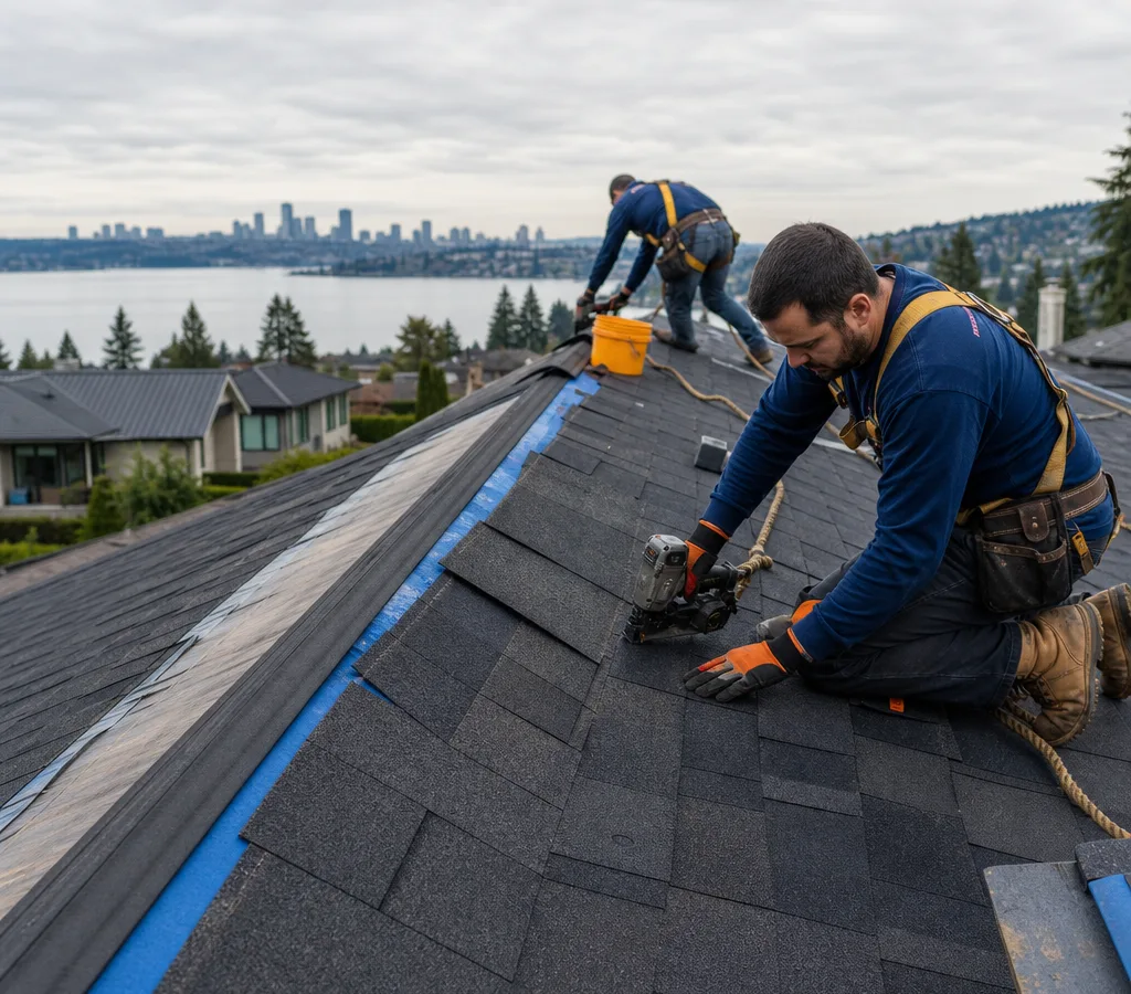 Bellevue roofing crew installing shingles with safety harnesses and roof protection on an overcast day