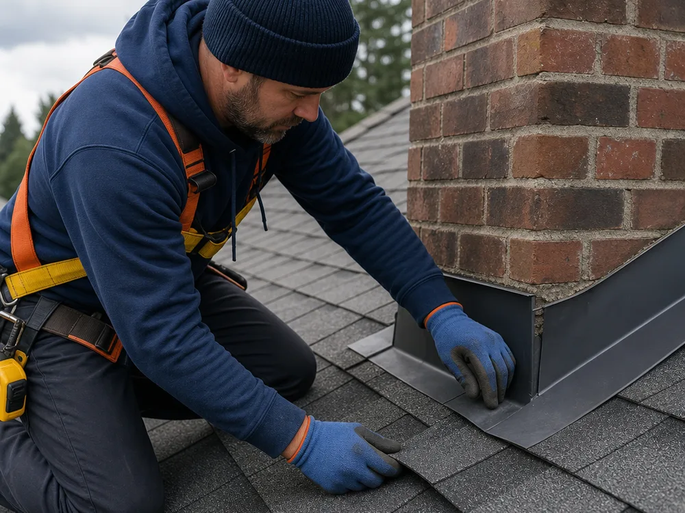 Roofer inspecting chimney flashing and shingle edges for lift and wear