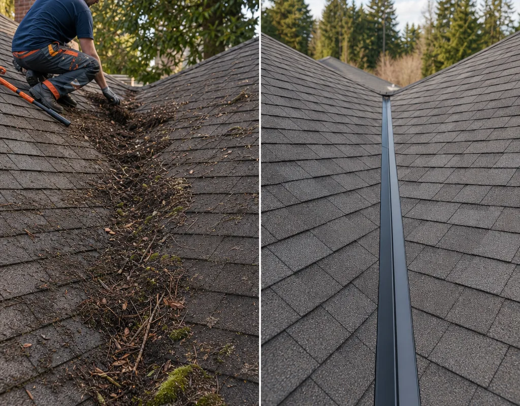 Before and after comparison of a debris-filled roof valley and a cleaned protected valley
