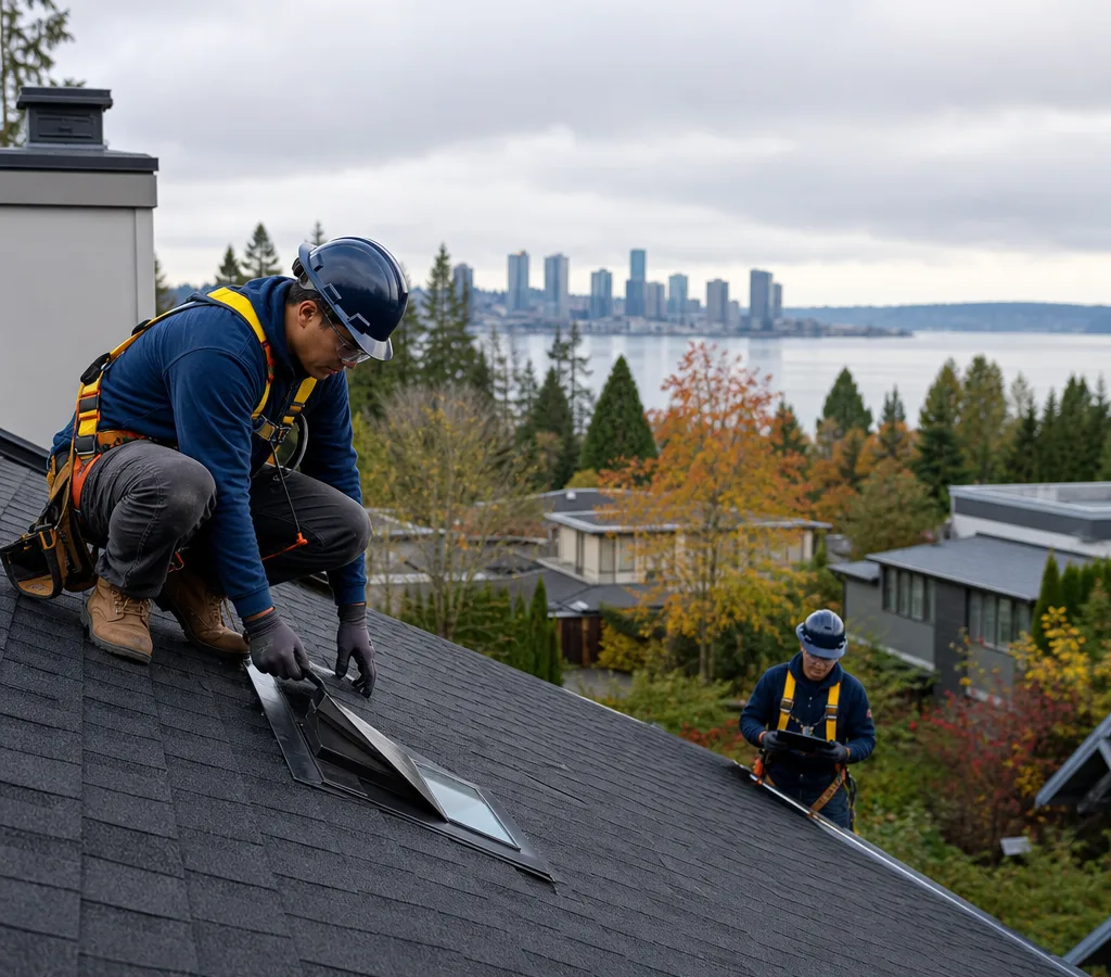 Roofing crew performing an on-roof inspection on a Bellevue-area home on an overcast day with safety gear visible