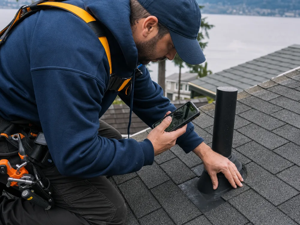 Roofer inspecting and documenting flashing around a roof penetration on an asphalt shingle roof