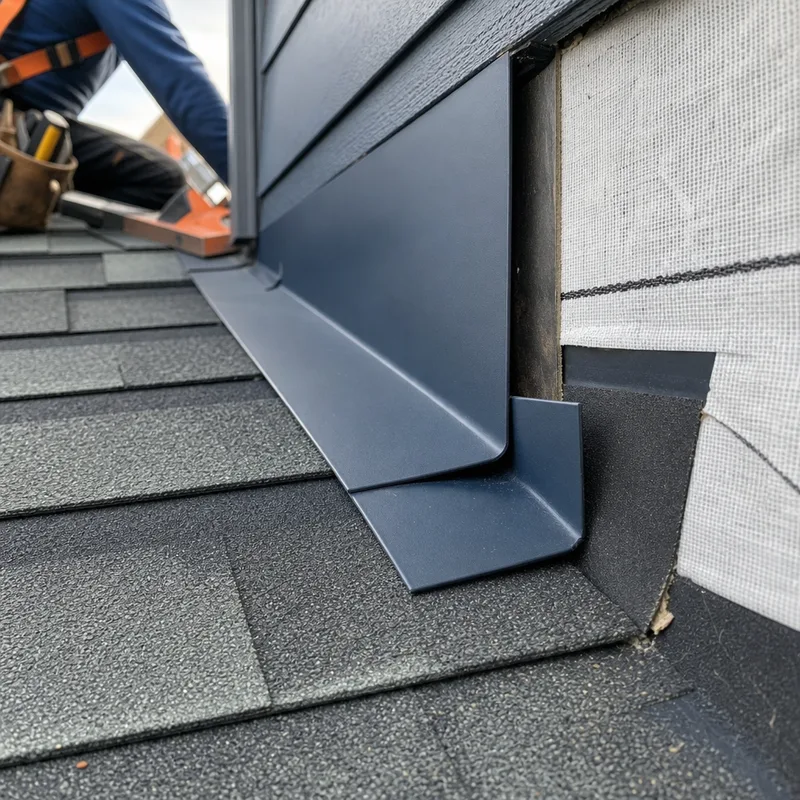 Correctly lapped step flashing along a sidewall with shingles and underlayment visible at the roof edge
