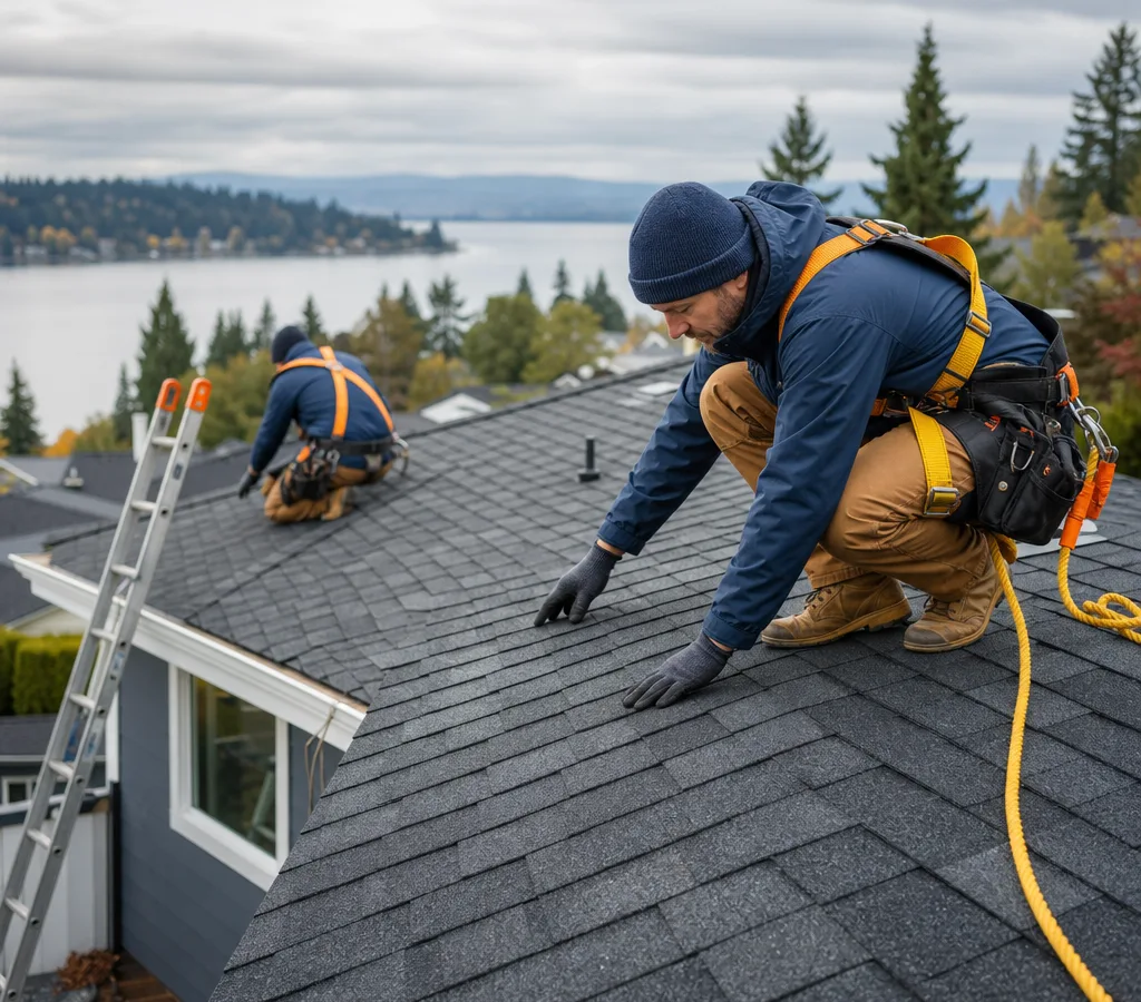 Roofing crew inspecting an asphalt shingle roof on a Bellevue-area home with safely positioned ladders and visible fall protection
