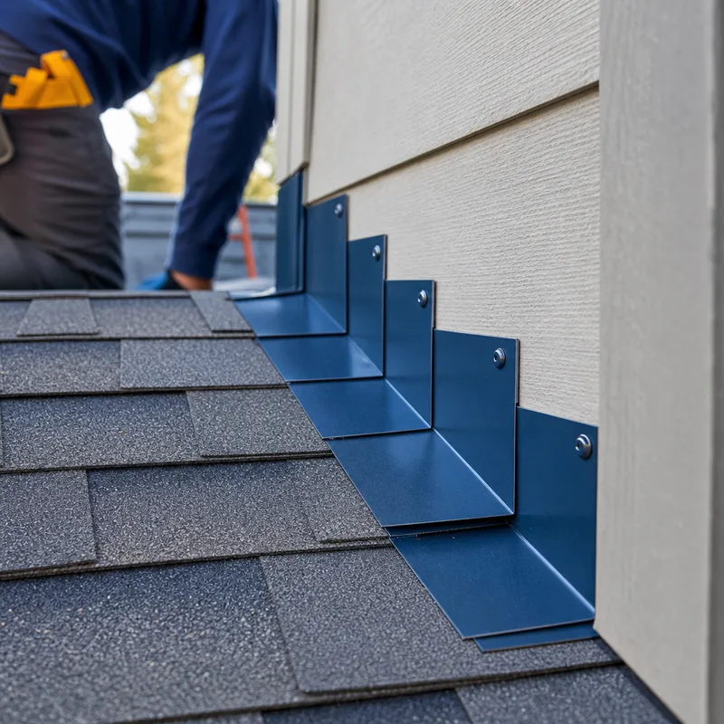 Properly installed step flashing and counter-flashing at a wall-to-roof transition with clean shingle courses
