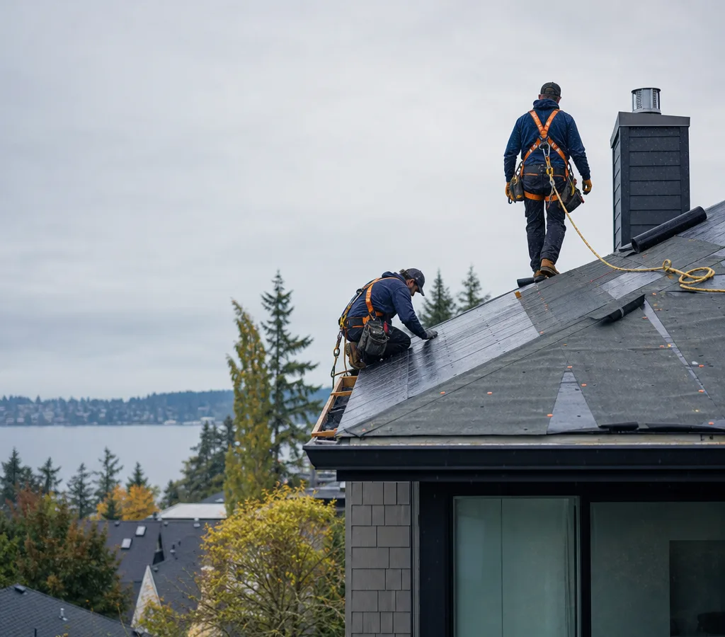 Bellevue residential roofline in light rain with a roofing crew using fall protection and maintaining a tidy job setup