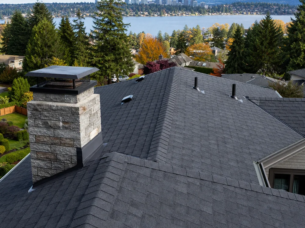Completed architectural shingle roof with a clean ridge line, properly placed vents, and crisp chimney flashing