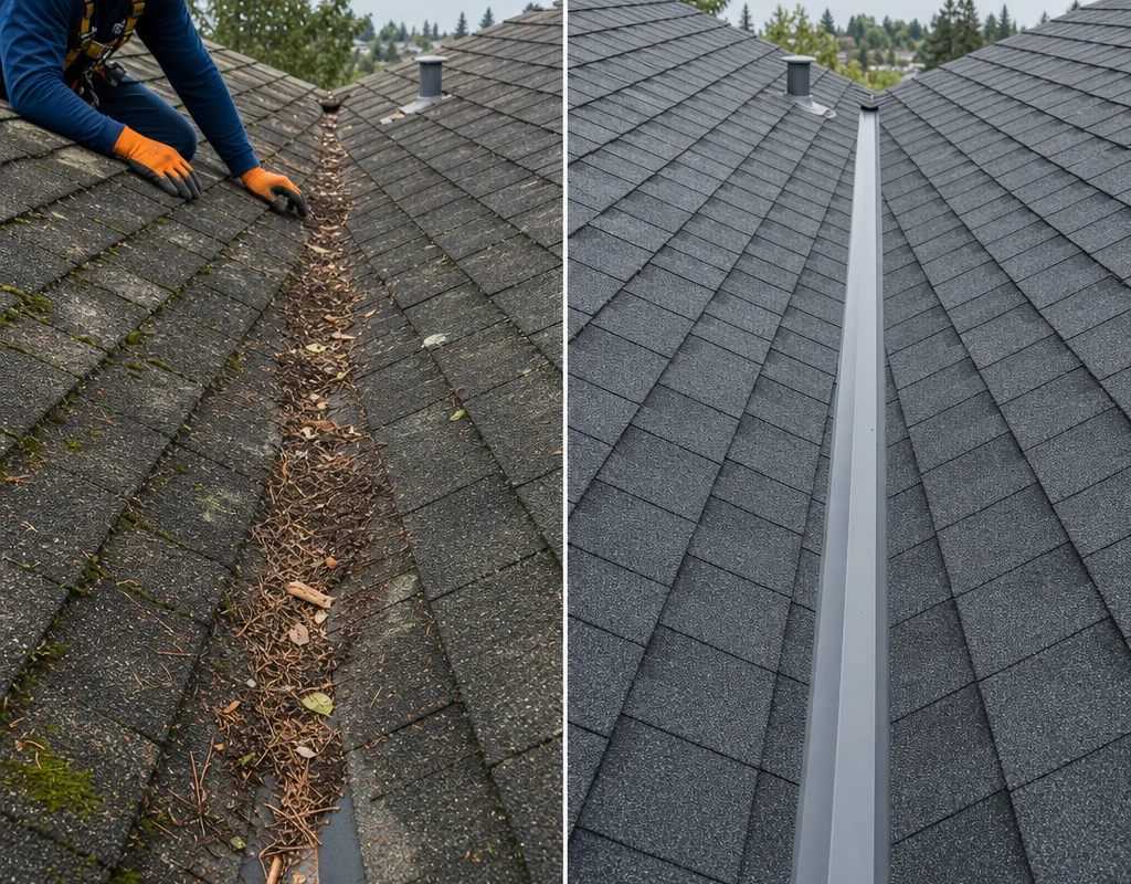 Before and after view of a Bellevue roof valley showing worn shingles and debris followed by new valley detailing and clean shingle lines