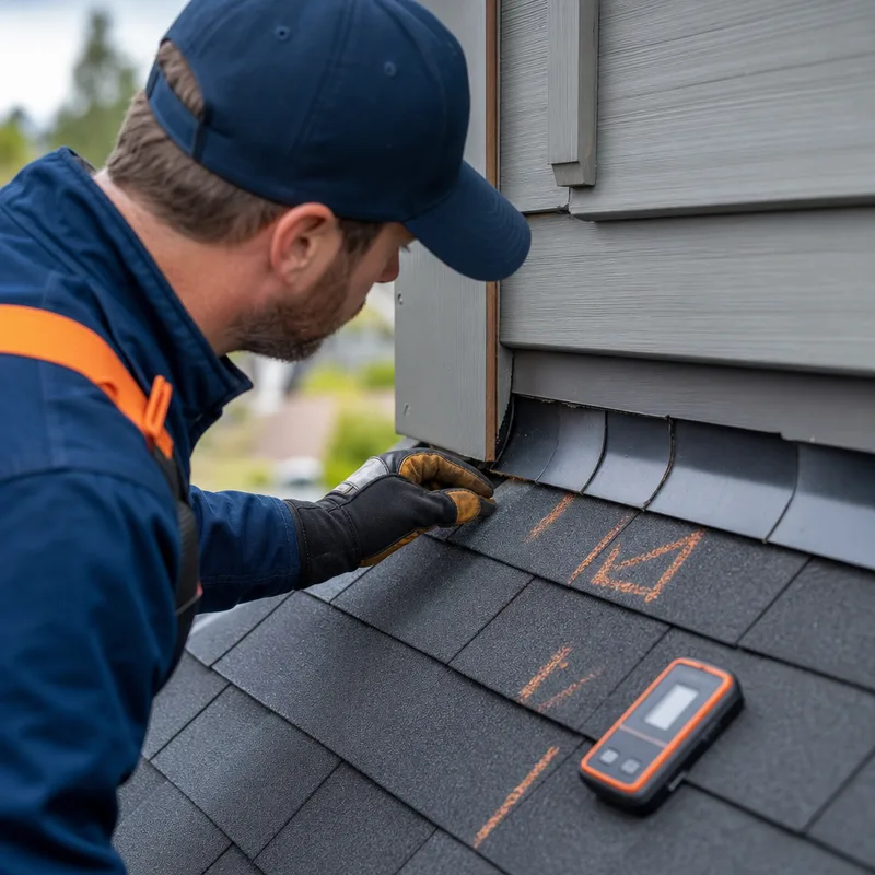 Roofer examining step flashing and shingles at a wall intersection with marked repair points and an inspection tool visible