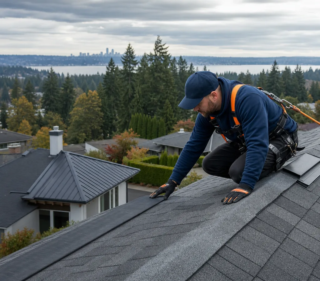 Roofer inspecting shingles and flashing on a Bellevue home with fall protection visible under an overcast sky