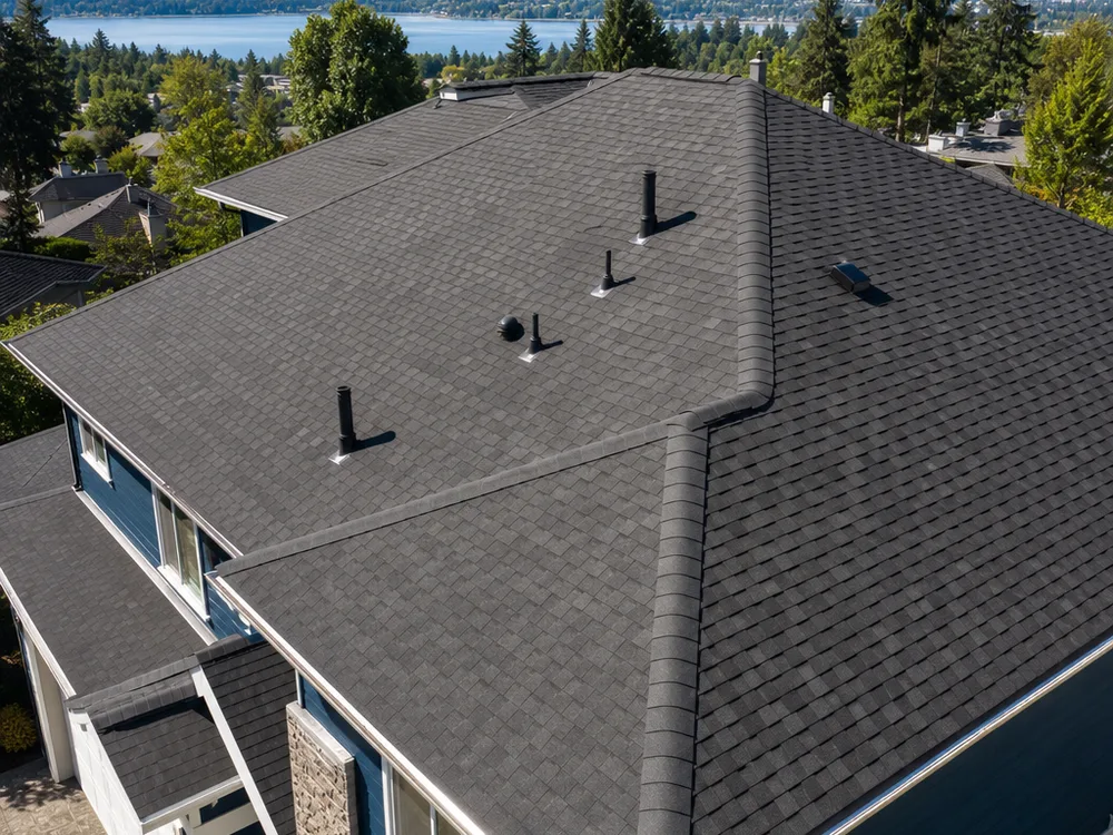 Completed Bellevue roof replacement with architectural shingles, a clean ridge line, and properly detailed pipe boots and vents