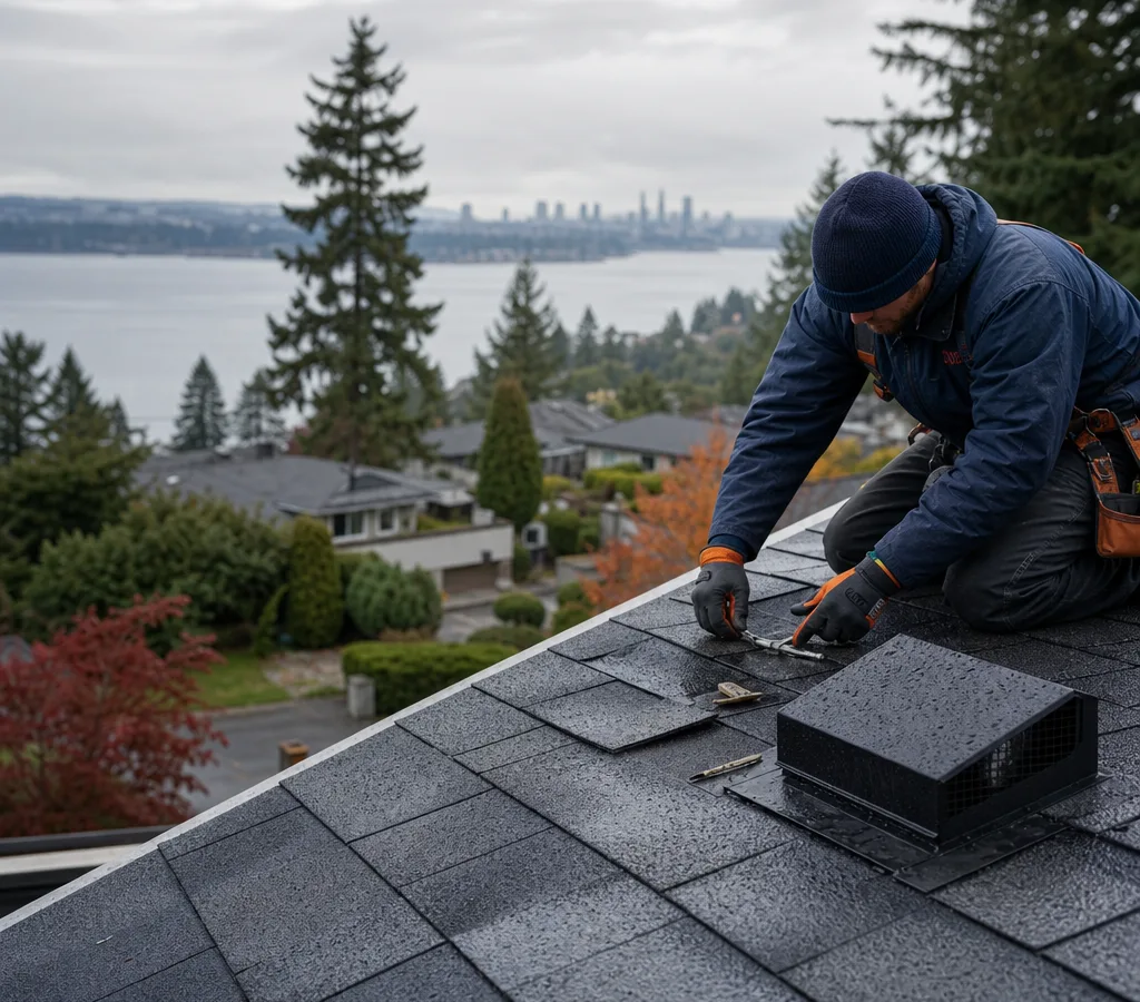 Bellevue-area home roofline with a roofer performing a targeted repair near a vent and shingle field on an overcast wet day