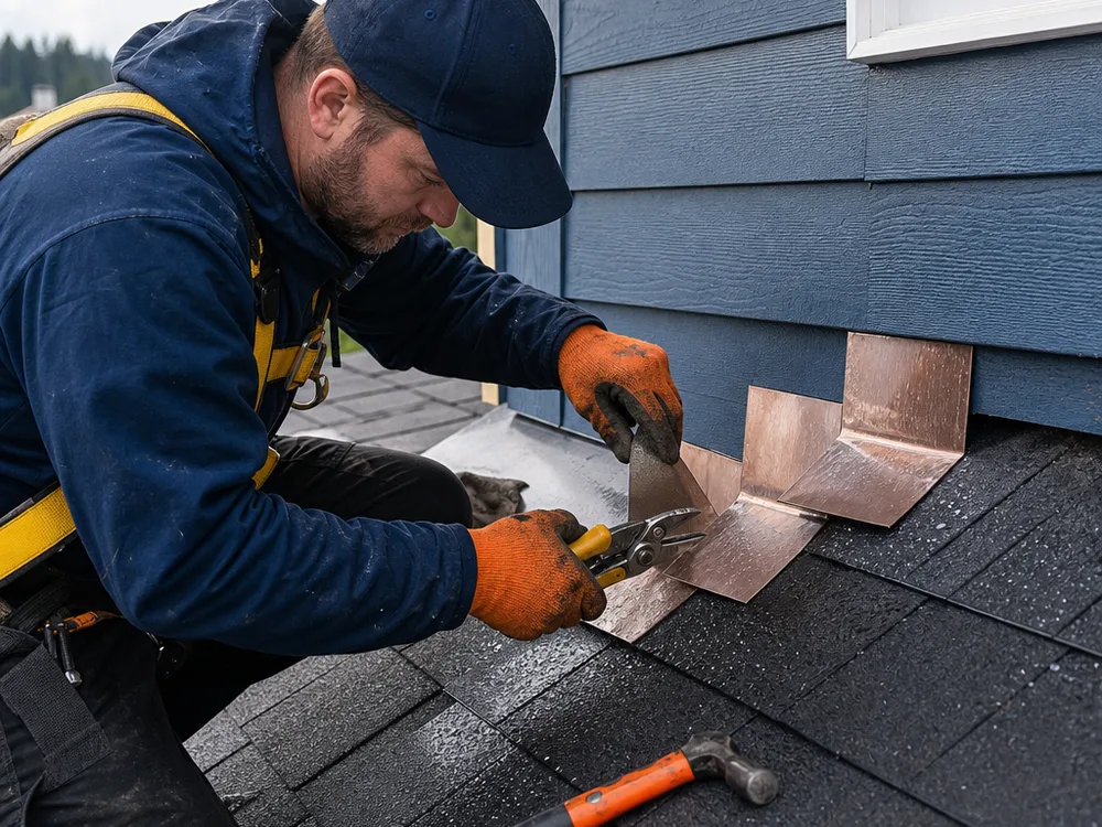 Close-up of new step flashing being integrated with existing wet shingles at a sidewall during a roof repair
