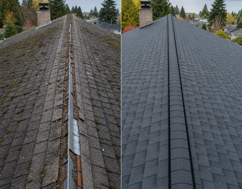 Before and after comparison of worn shingles and a completed roof replacement with architectural shingles and a clean ridge vent line