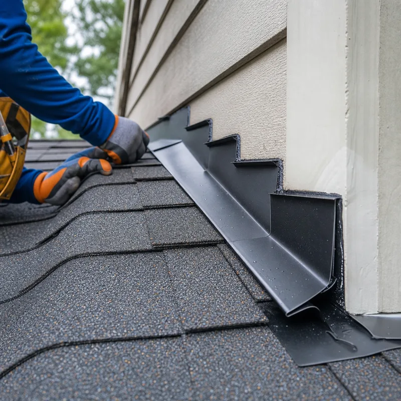 Properly installed step flashing and kick-out flashing at a roof-to-wall transition with new shingles