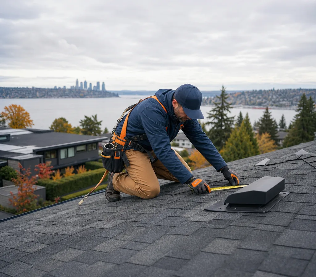 Residential roofer measuring and inspecting shingles near a roof vent on a Bellevue home in overcast weather