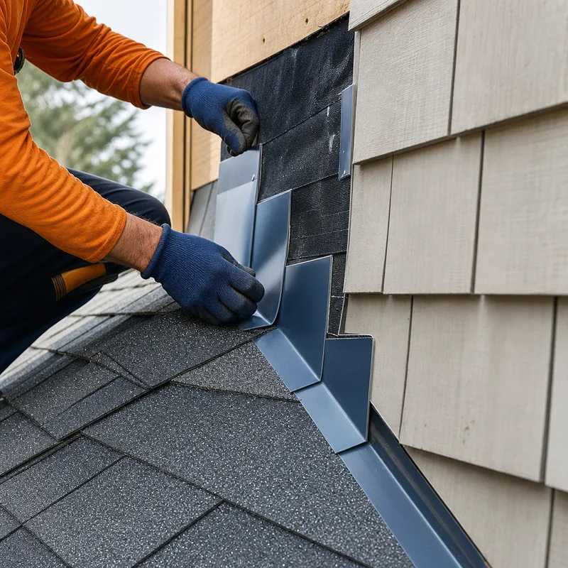 Correctly installed step flashing and counterflashing at a Bellevue roof-to-wall intersection with underlayment and aligned shingles visible