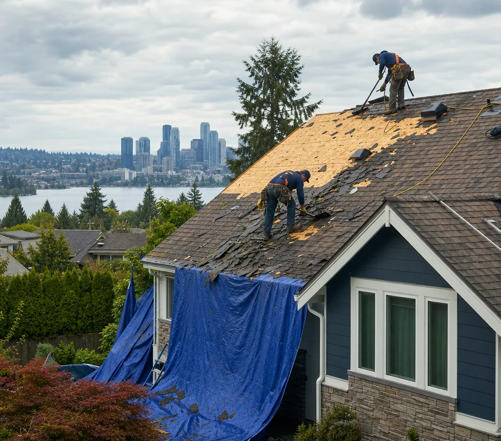 Roofing crew removing worn asphalt shingles and preparing a Bellevue home roof deck with tarps and debris protection in place