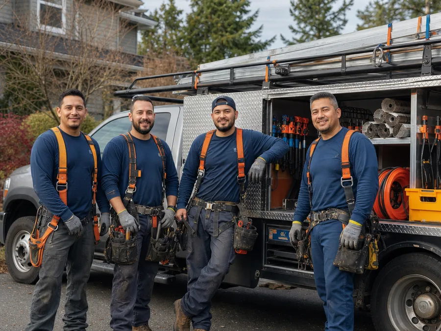 Roofing Bellevue crew in safety gear beside an organized work truck